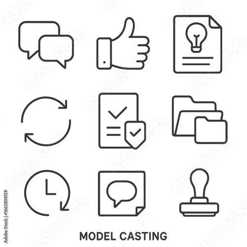 Model Casting Icons. Outline style icons of Model Casting: collaboration chat bubble, feedback thumbs up, creative brief file,