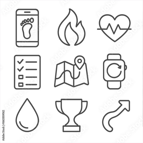 Fitness App Icons. Outline style icons of Mobile App: fitness step counter, calorie burn flame, heart-rate graph, workout plan
