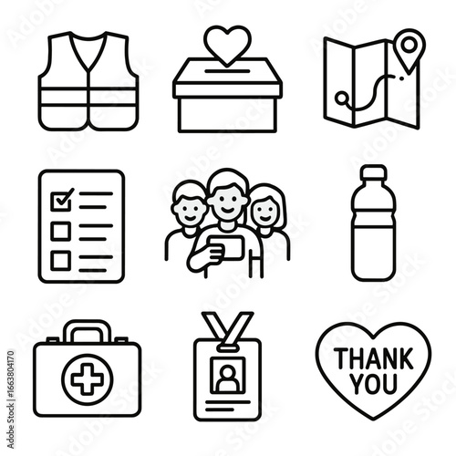 Mobile Workforce Icons. Outline style icons of Mobile Workforce: charity volunteer vest, donation box icon, GPS route map, task