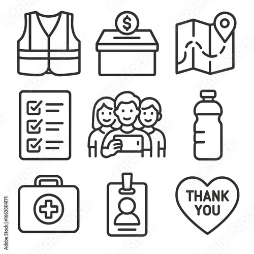 Mobile Workforce Icons. Outline style icons of Mobile Workforce: charity volunteer vest, donation box icon, GPS route map, task