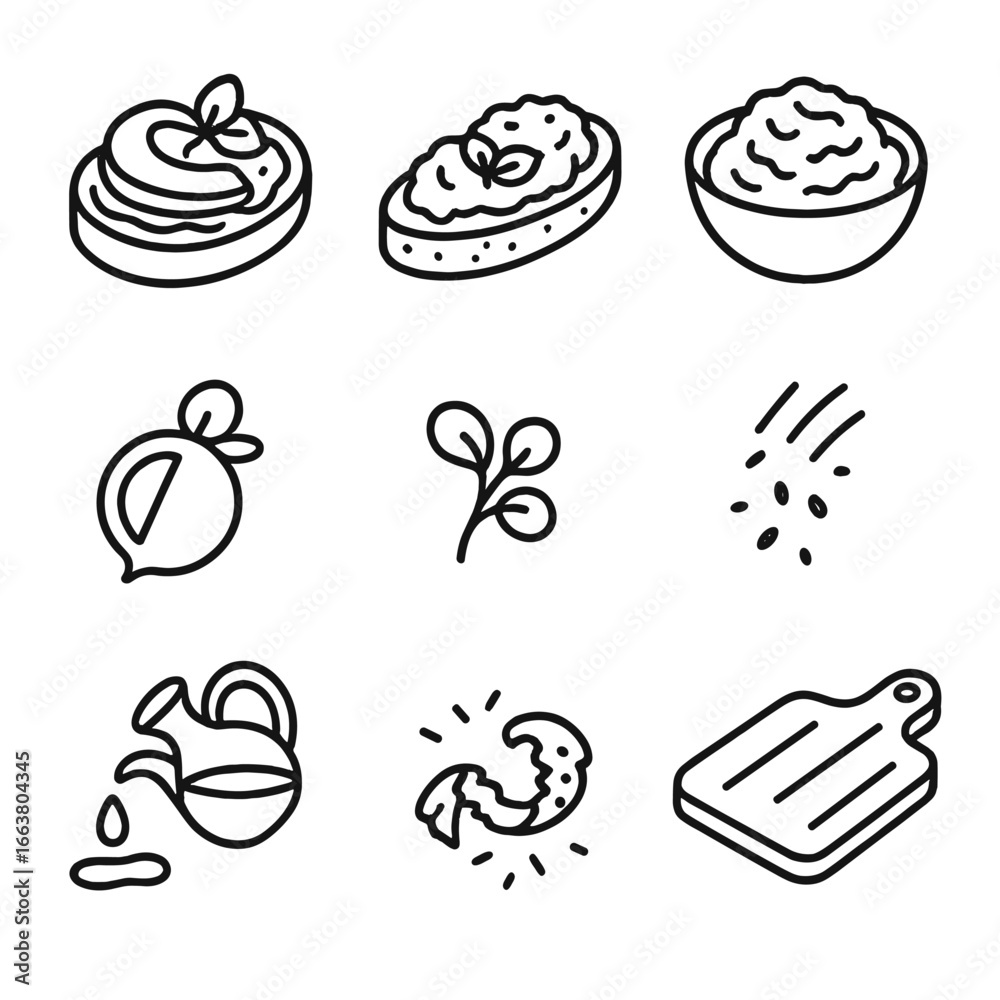 Mini Appetizer Icons. Outline style icons of Mini Appetizers: avocado toast mini, rye crostini, smashed avocado spread, radish