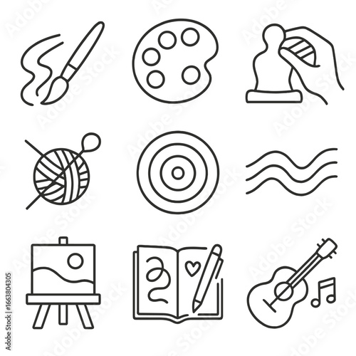 Mindfulness Icons. Outline style icons of Mindfulness: mindful art brush stroke, color palette mindfulness, clay sculpt hand,