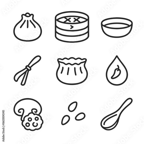 Outline Mini Appetizer Icons. Outline style icons of Mini Appetizers: dim sum dumpling, bamboo steamer, soy dip bowl, scallion