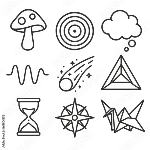 Mind Expansion Icons. Outline style icons of Mind Expansion: psychedelic mushroom cap, expanding ripple circles, dream cloud