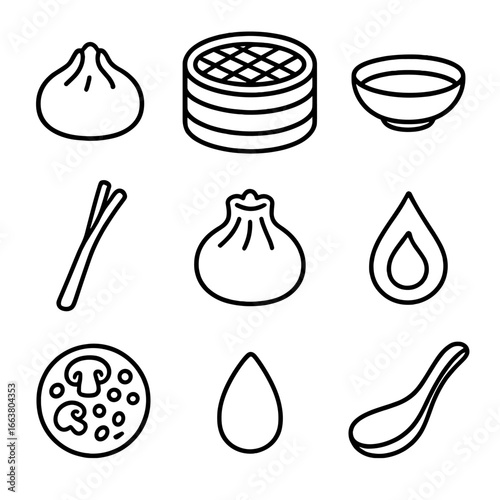 Outline Mini Appetizer Icons. Outline style icons of Mini Appetizers: dim sum dumpling, bamboo steamer, soy dip bowl, scallion
