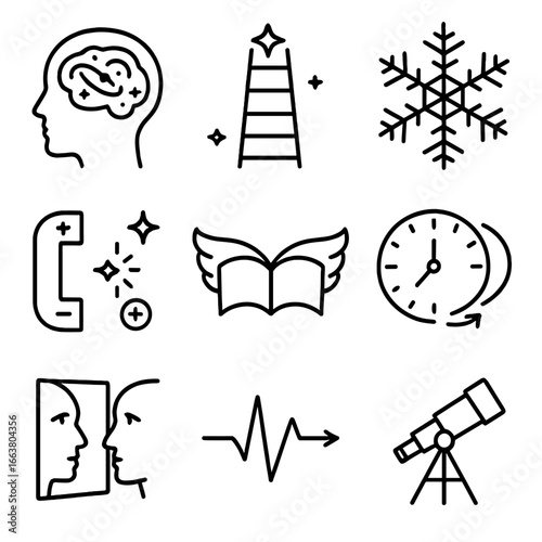 Mind Expansion Icons. Outline style icons of Mind Expansion: galaxy brain icon, cosmic ladder rungs, fractal snowflake, polarity