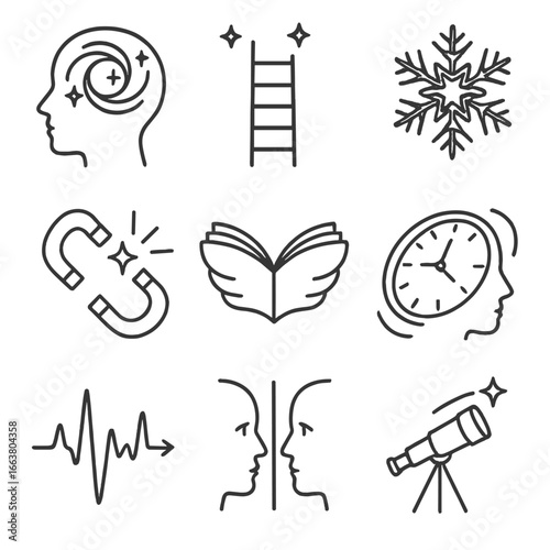 Mind Expansion Icons. Outline style icons of Mind Expansion: galaxy brain icon, cosmic ladder rungs, fractal snowflake, polarity