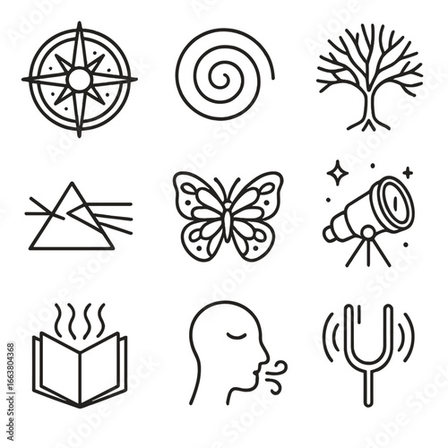 Mind Expansion Icons. Outline style icons of Mind Expansion: celestial compass wheel, ever-expanding spiral, neuron branching tree
