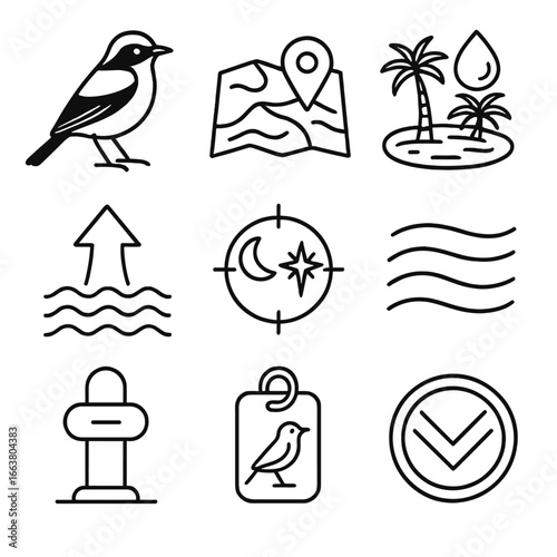 Migratory Bird Icons. Outline style icons of Migratory Birds: pied wheatear, desert dune map, oasis stop droplet, thermal up arrow