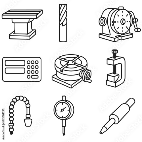Metalworking Tool Icons. Outline style icons of Metalworking Tool: milling machine table, end mill cutter, dividing head, rotary