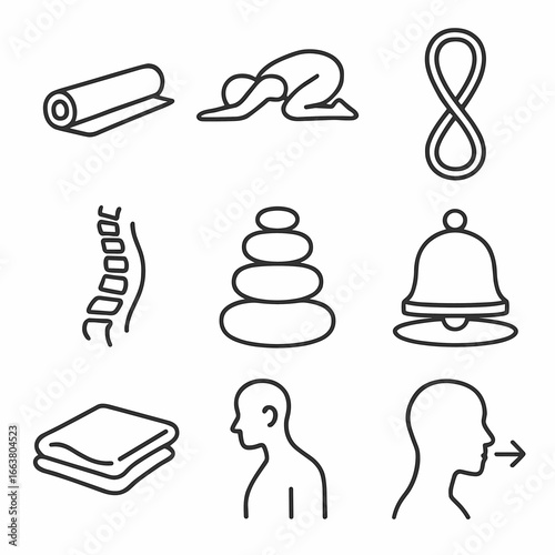 Mental Recovery Icons. Outline style icons of Mental Recovery: restorative yoga mat, child’s-pose silhouette, stretch band loop,
