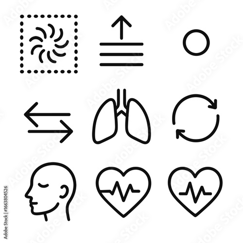 Mental Recovery Icons. Outline style icons of Mental Recovery: breathing box outline, inhale expand arrow, hold corner dot, exhale