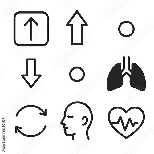 Mental Recovery Icons. Outline style icons of Mental Recovery: breathing box outline, inhale expand arrow, hold corner dot, exhale