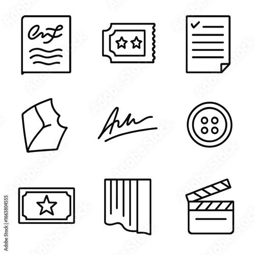 Memory Keepsake Icons. Outline style icons of Memory Keepsakes: scripted playbill, stage ticket tear, rehearsal note sheet,