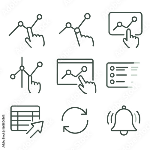 Microinteraction Finance Icons. Outline style icons of Microinteraction: finance graph tap, data point pop, tooltip slide, compare