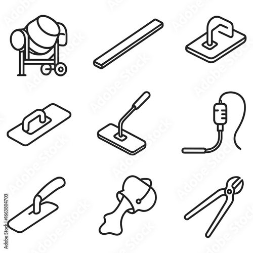 Concrete Tools Icons. Line style icons of concrete work tools: concrete mixer, screed board, bull float, edging tool, concrete