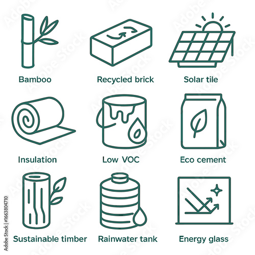Green Construction Icons. Line style icons of green construction materials: bamboo beam, recycled brick, solar tile, green