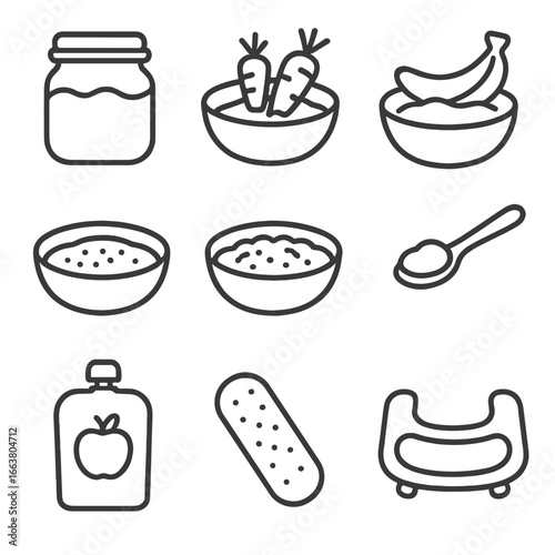 Baby Food Line Icons. Line style icons of baby food: baby puree jar, mashed carrot, banana mash, baby cereal, rice porridge, spoon