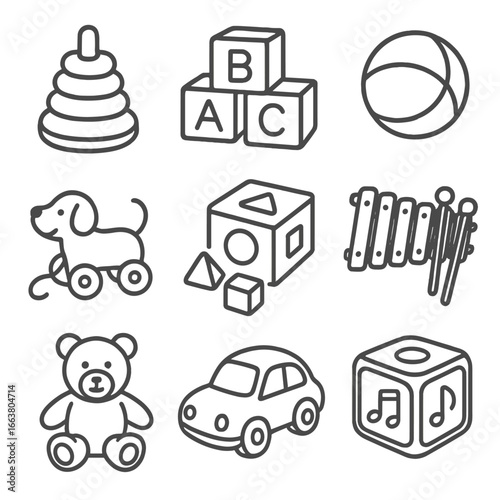 Toddler Toy Icons. Line style icons of toddler toys: stacking rings, toy blocks, soft ball, pull toy, shape sorter, xylophone,