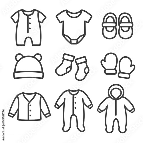Baby Clothing Line Icons. Line style icons of baby clothing: romper, bodysuit, baby shoes, hat with ears, socks, mittens, cardigan