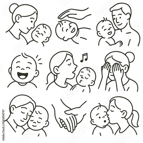 Baby Bonding Icons. Line style icons of baby bonding moments: eye contact, gentle touch, skin-to-skin, baby laugh, parent singing,