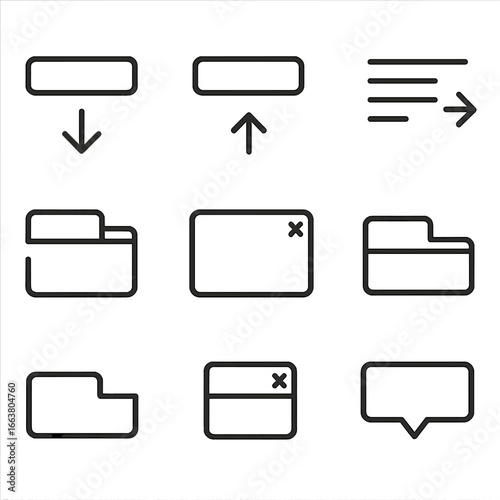 Interface Element Icons. Line style icons of open and closed interface elements: open dropdown, closed dropdown, expanded menu,