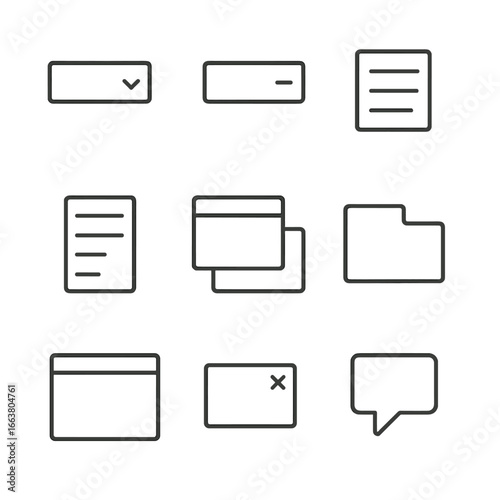 Interface Element Icons. Line style icons of open and closed interface elements: open dropdown, closed dropdown, expanded menu,