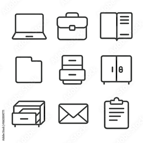 Office Icon Set. Line style icons of open and closed office items: open laptop, closed briefcase, open binder, closed file, open
