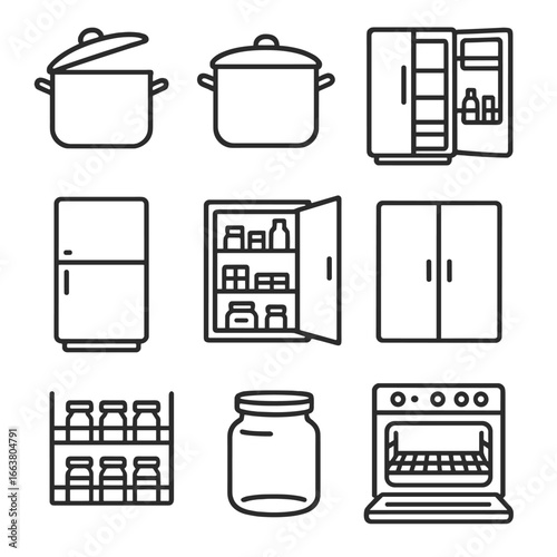 Kitchenware Line Icons. Line style icons of open and closed kitchenware: open pot, pot with lid, open fridge, fridge closed, open