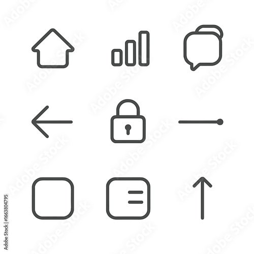 Minimal Mobile Icons. Line style icons of minimal mobile interface: flat home button, outline signal, empty notification, clean