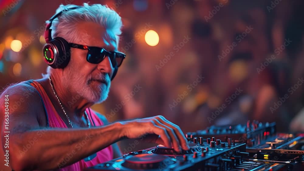 active old age concept. elderly grey tanned athletic man in headphones mixing DJ set at party.