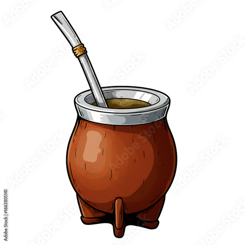 Traditional South American yerba mate beverage in a gourd with metal straw on black background.