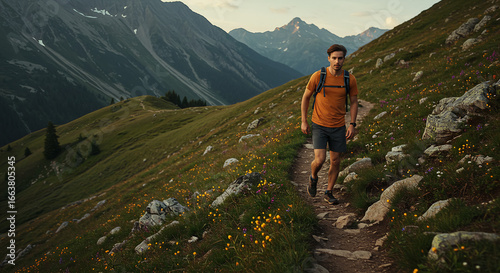 A fit young man with a backpack wearing an orange tshirt and dark shorts walking with a determined look.