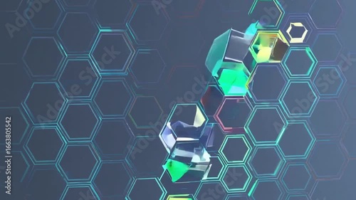 Neon hexagonal grid with floating colorful cube fragments