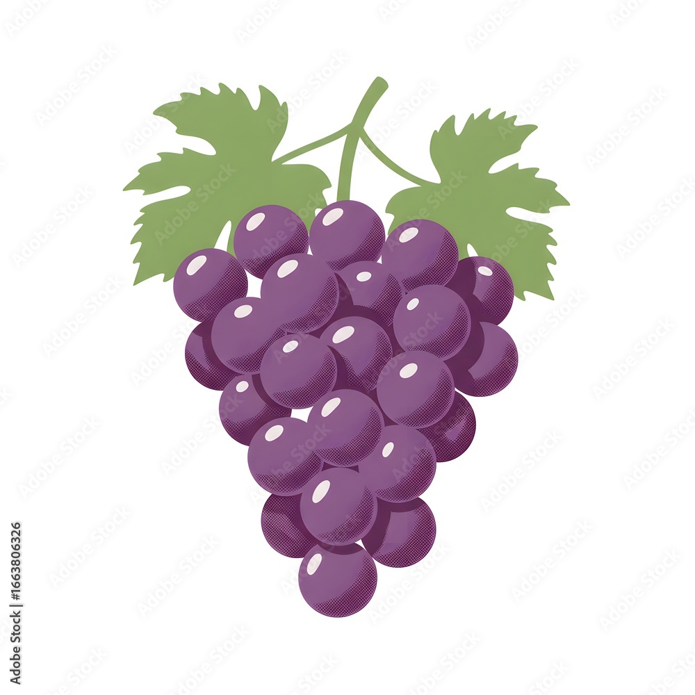 Fototapeta premium A luscious bunch of purple grapes, glistening with light and complemented by lush green leaves.