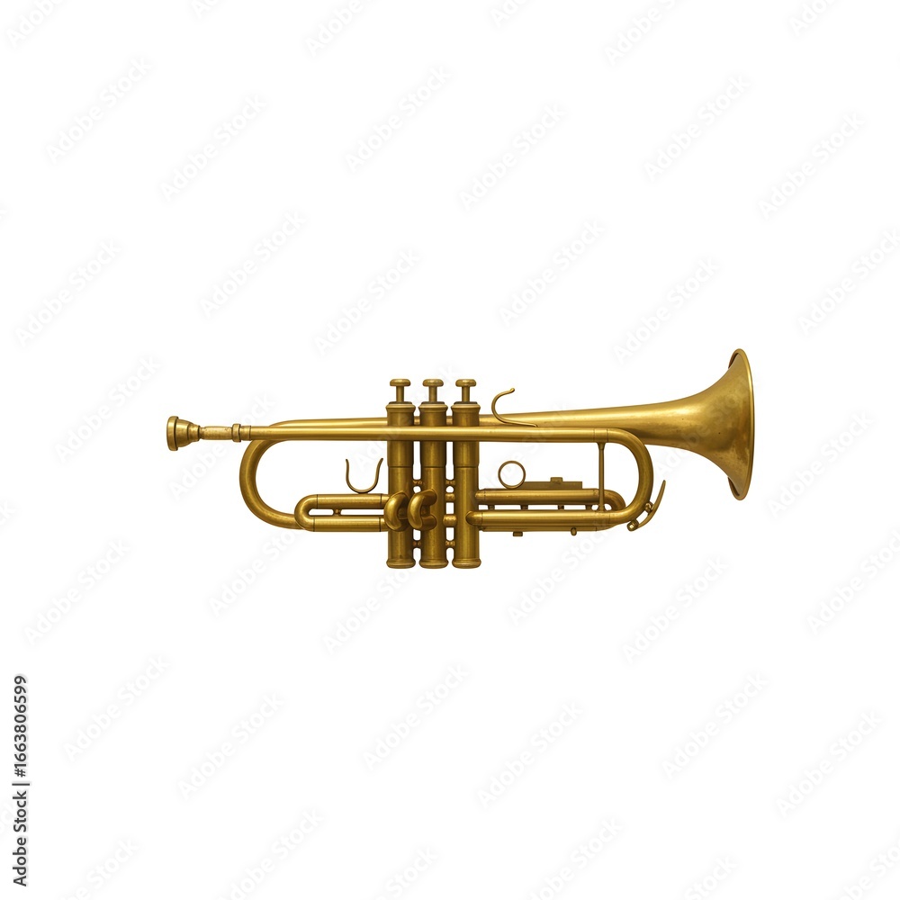 Obraz premium Elegant brass trumpet gleaming on a white backdrop, a symbol of music and artistic expression.