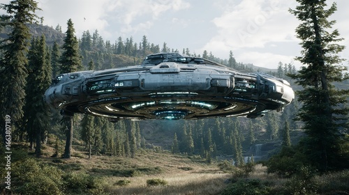 Majestic UFO Sighting Above Lush Forest Valley, a Stunning Rendition of Unexplained Aerial Phenomenon