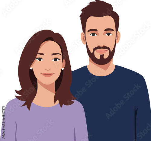 Young couple portrait illustration with casual clothing and neutral expressions in vector style digital art 