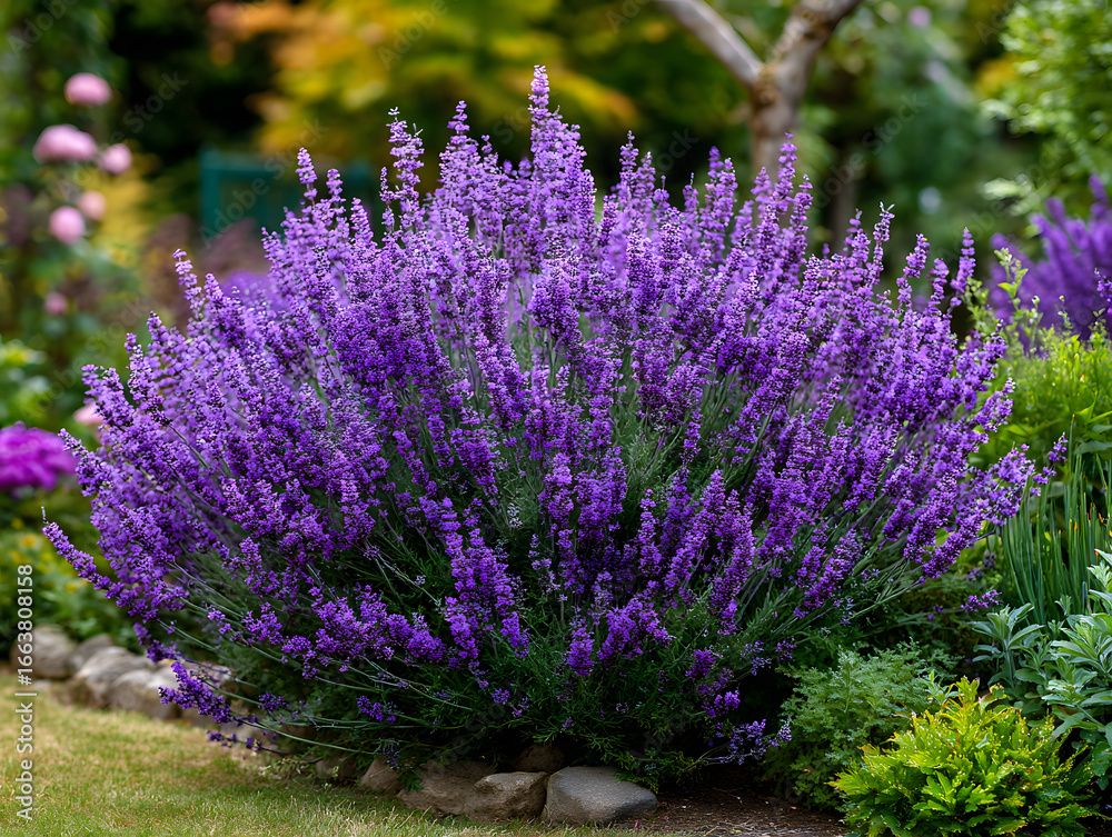 Fototapeta premium Vibrant lavender shrub in full bloom with lush purple flowers and green foliage.