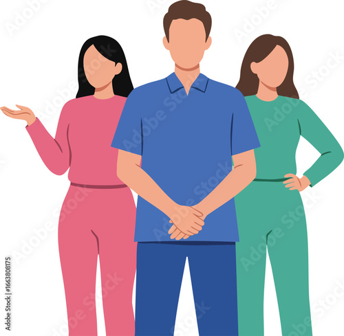 Group of diverse young adults standing together in casual colorful clothing vector illustration 