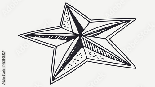 Detailed line art of a five pointed star with varied internal patterns and thick outline design
