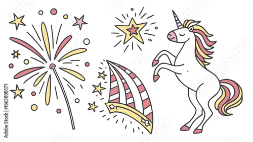 Illustration of a unicorn with fireworks and stars in cartoon style on a white background