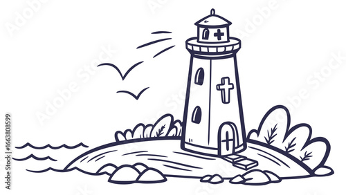 Illustration of a lighthouse on an island with birds and waves in black and white outline style