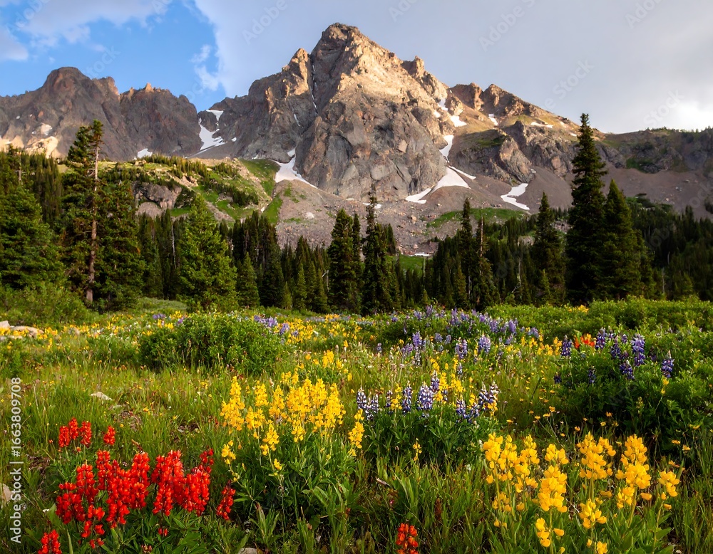 Naklejka premium Mountain meadow bursting with wildflowers