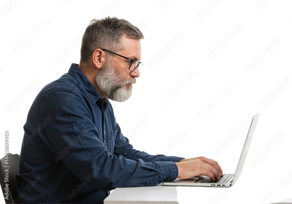 Professional bearded man with glasses diligently engaged in typing on a laptop, showcasing focused work or online activity with concentration Professional bearded man with glasses diligently engaged in typing on a laptop, showcasing focused work or online activity with concentration