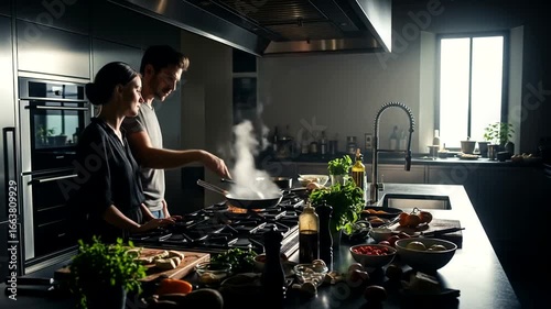 A couple attentively prepares a meal in a modern, stylish kitchen, steam rising from a pan on the stove.