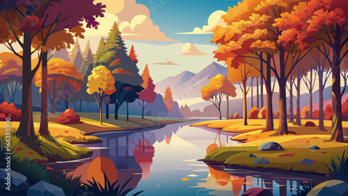 Serene autumn landscape rests peacefully, colorful trees reflecting on calm river, gentle breeze weaving golden leaves, soothing light paints horizon, timeless stillness awakens hearts, tranquility wh