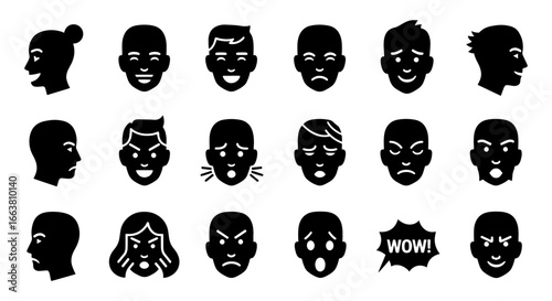 Vector art of collection of human faces with various emotions in black and white silhouette