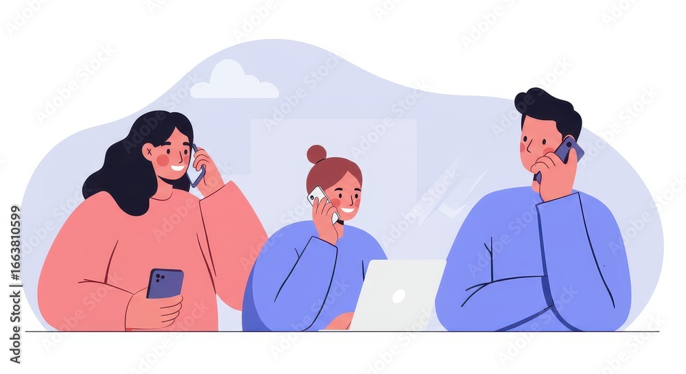 Fototapeta premium Connected Conversations: A group of individuals are engaged in telephone conversations. A laptop and a tablet are nearby, but the focus is on each person's phone dialogue and the connectivity. 