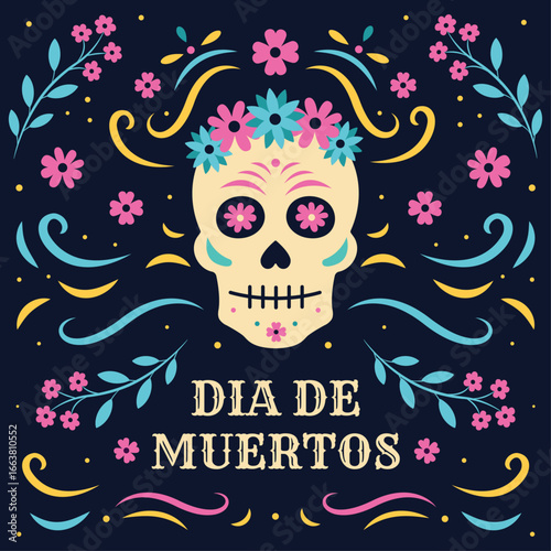 Vector poster features a colorful sugar calaca skull with flower crowns and cempasuchil, symbolizing Día de Muertos.Mexican holiday festival in Mexico, honoring death, day of the dead, altar, ispanico